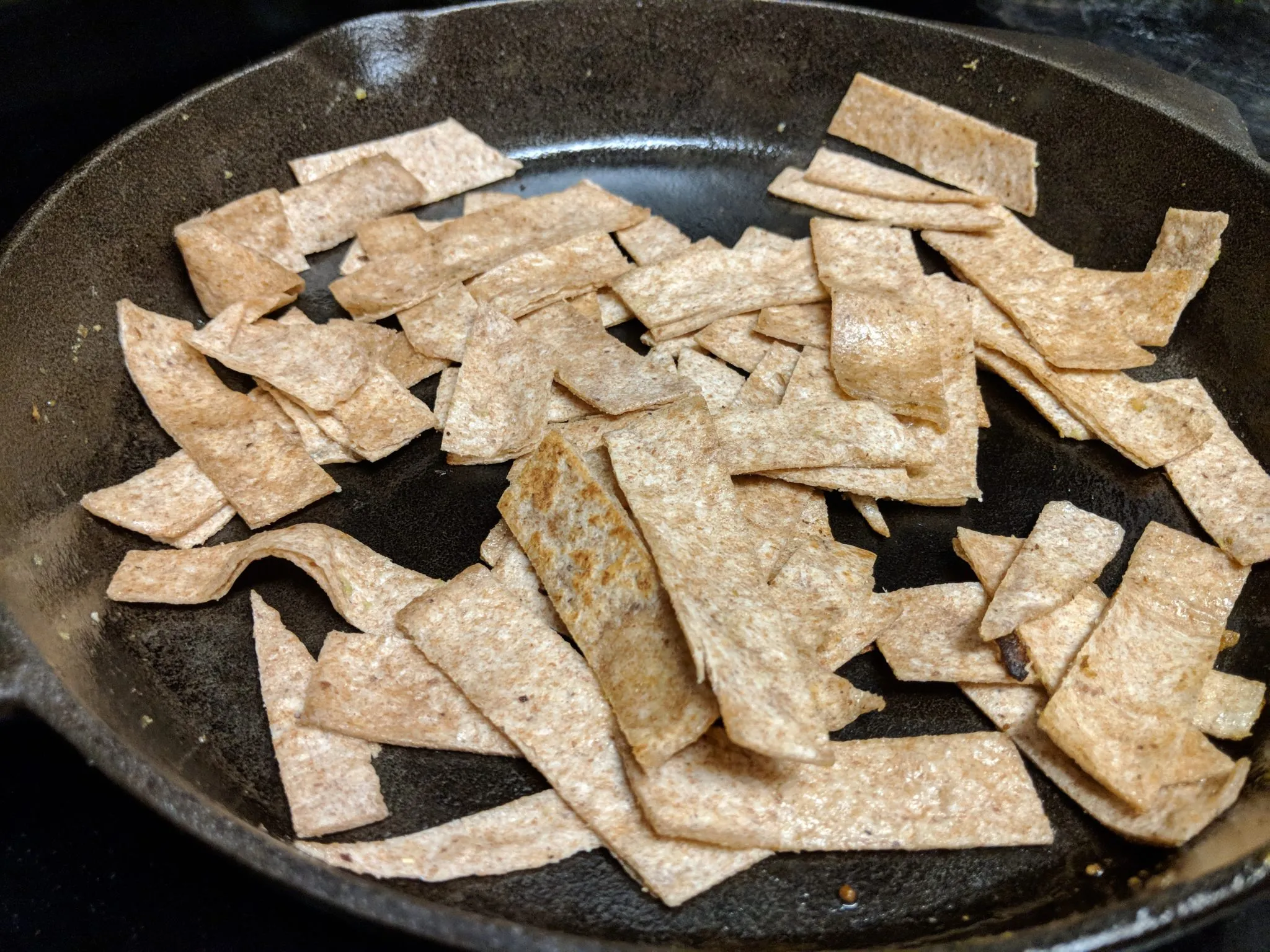 frying whole wheat tortilla strips